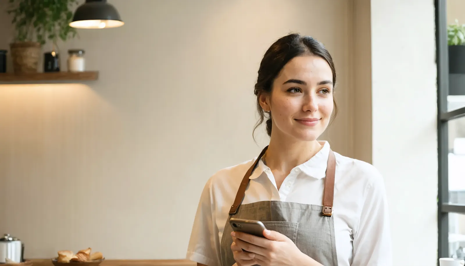 Kafesinde telefonuna bakan işletme sahibi